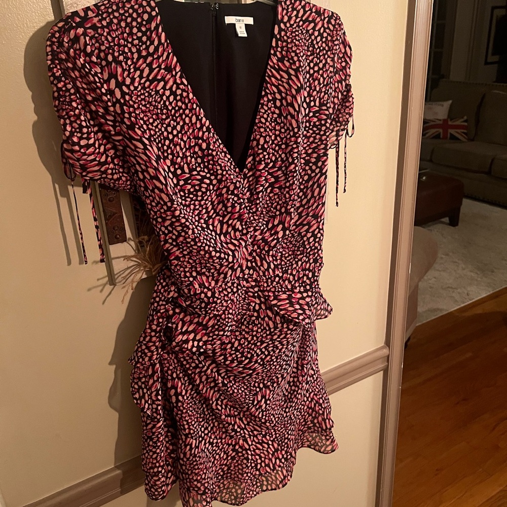 Bar III Pink & Black Patterned knee length Dress V-neck / back zipper